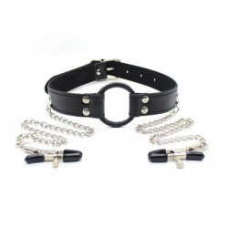 Stymulator-Ring Gag + Nipples Clamps (black) - Toyz4lovers